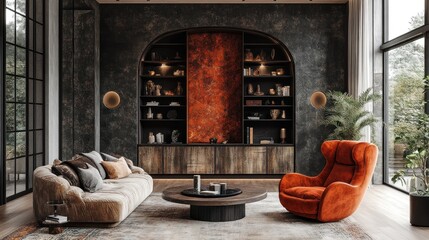 Modern living room with stylish furniture and decorative elements.