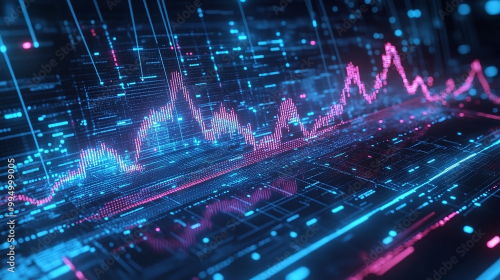 Poster abstract digital data visualization with geometric patterns in vibrant colors.