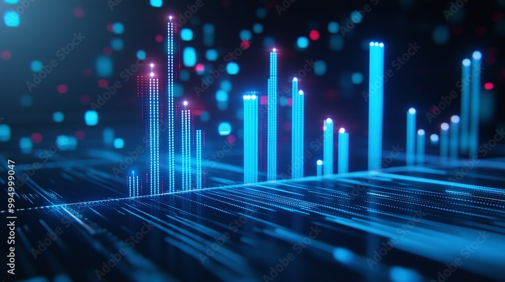 Poster abstract digital data visualization with glowing bars and particles against a dark background.