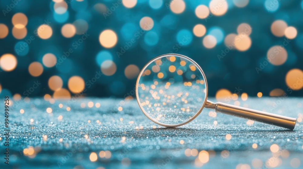 Poster the magnifying glass enhances sparkling bokeh lights resting on a surface, creating an enchanting at