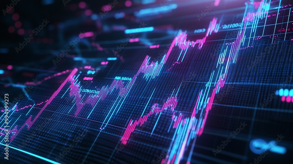 Poster abstract digital data visualization with glowing elements representing market trends and analytics.
