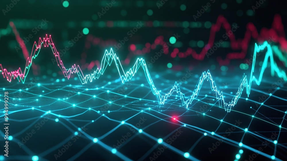 Poster abstract digital data visualization with glowing graph lines and grids, representing analytics and f