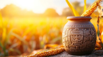 Ancient jar with Mayan maize god symbols, placed in a field of corn, golden hour