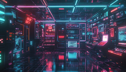 Fototapeta premium A retro-futuristic design with neon grids, VHS glitches, and pixelated elements, taking inspiration from 80s sci-fi movies and video games