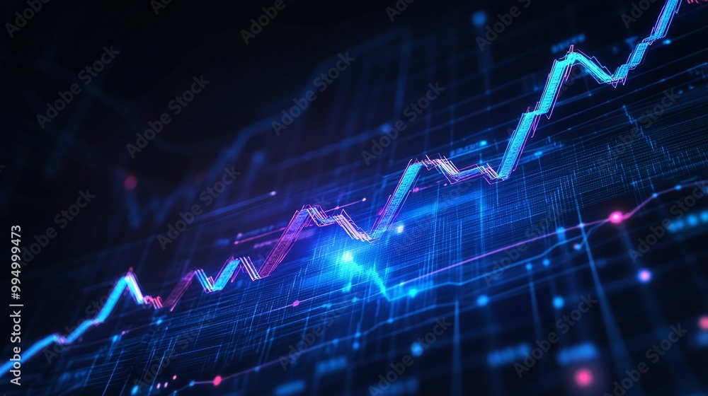 Poster abstract digital data visualization with glowing graphs and lines in blue and pink colors, represent