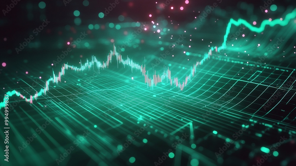 Poster abstract digital data visualization with glowing green lines and particles representing growth and t