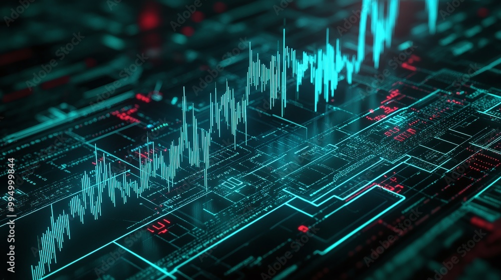 Poster abstract digital data visualization with glowing lines and charts, representing information analysis