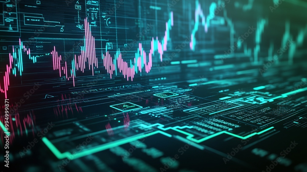 Poster abstract digital data visualization with glowing lines and charts representing market trends and ana