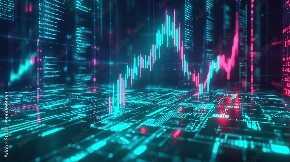 Poster abstract digital data visualization with glowing lines and charts representing stock market trends.
