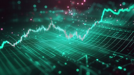 Abstract digital data visualization with glowing green lines and particles representing growth and trends.