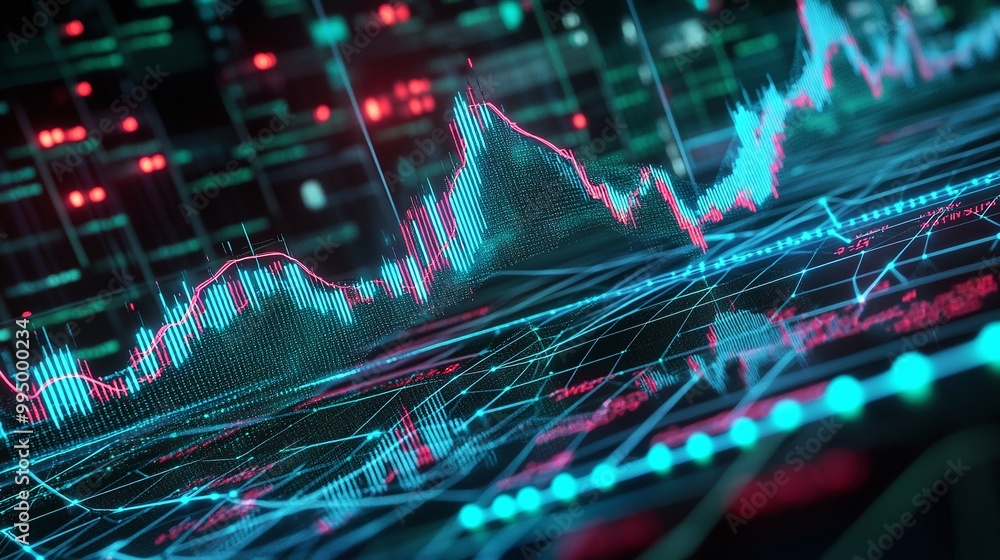 Poster abstract digital data visualization with glowing lines and graphs, representing financial trends and