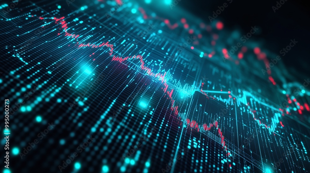 Poster abstract digital data visualization with glowing lines and dots representing fluctuating statistics 