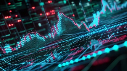 Abstract digital data visualization with glowing lines and graphs, representing financial trends and market analysis.