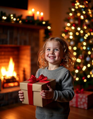 Joyful child holding gift box in front of christmas tree and cozy fireplace