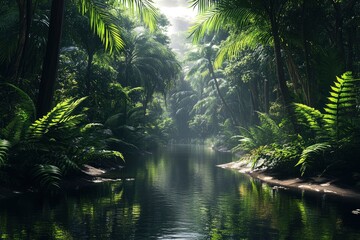 Obraz premium Tropical rain forest with river.generative ai