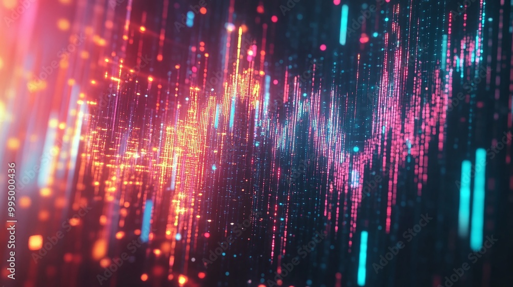 Poster abstract digital data visualization with glowing particles and vibrant colors on a dark background.