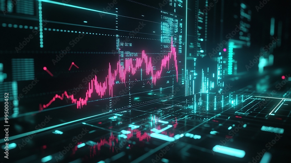 Poster abstract digital data visualization with graphs and charts in vibrant neon colors.