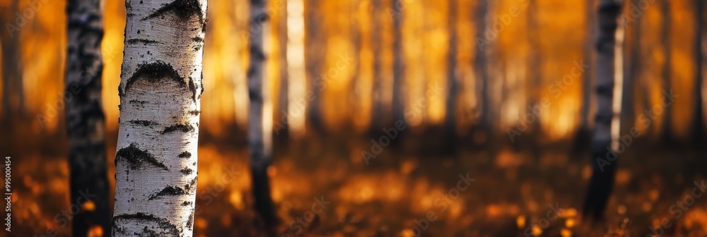 Poster a close-up of a birch tree trunk in a forest setting, with sunlight filtering through the trees. the