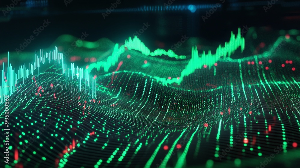 Poster abstract digital data visualization with green lines and dots representing complex information.