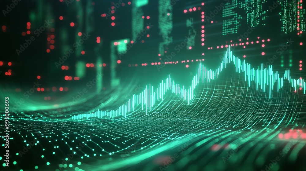 Poster abstract digital data visualization with green wave patterns representing financial trends and stati