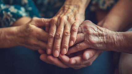 Fototapeta premium Hands of an elderly person and a caregiver, sharing moments of connection and support indoors