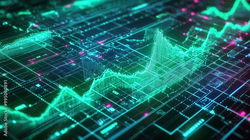 Poster abstract digital data visualization with neon colors and fluctuating graphs on a dark background.