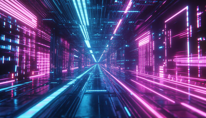 Fototapeta premium A retro-futuristic design with neon grids, VHS glitches, and pixelated elements, taking inspiration from 80s sci-fi movies and video games