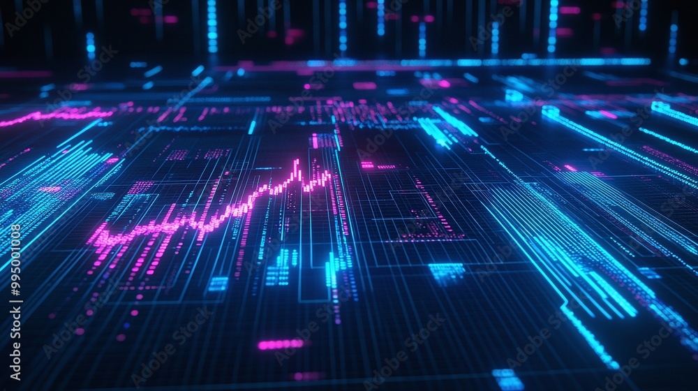 Poster abstract digital data visualization with vibrant blue and pink lines representing complex financial 