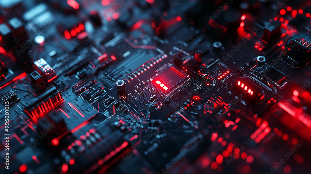 Poster a close-up view of a black circuit board illuminated by red lights showcasing intricate designs