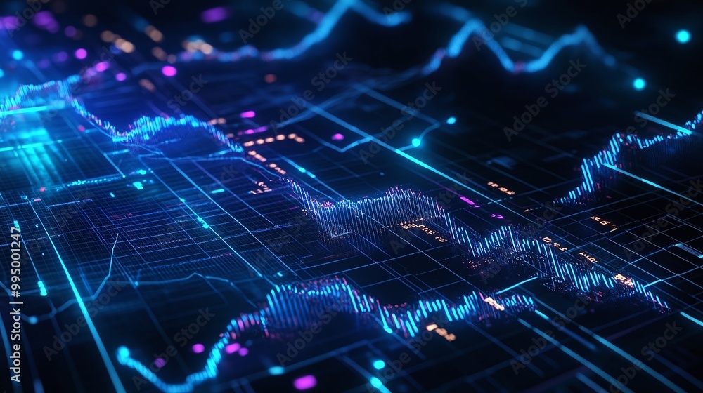Poster abstract digital data visualization with vibrant blue and purple lines representing information flow