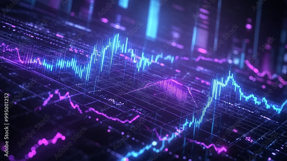 Poster abstract digital data visualization with vibrant blue and pink lines representing fluctuating statis