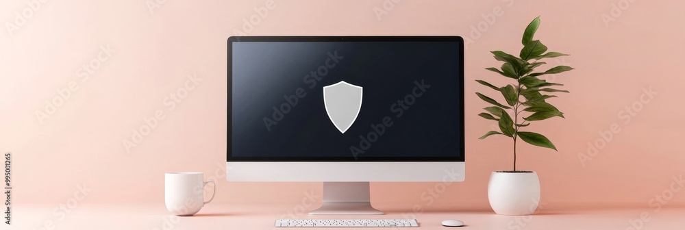 Poster a computer monitor displaying a shield, symbolizing digital security, data protection, cyber defense