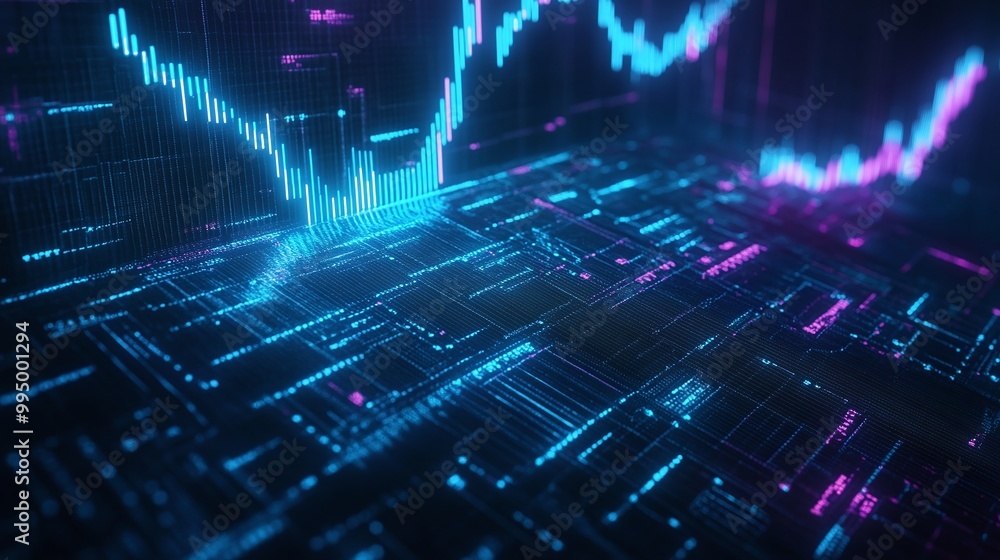 Poster abstract digital data visualization with vibrant blue and purple colors representing graphs and char