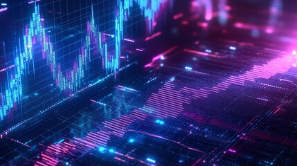 Abstract digital data visualization with vibrant colors, depicting financial trends and market analysis.