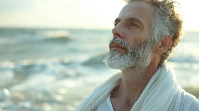 Contemplative Senior Man Enjoying Serenity at the Beach During Sunset - Powered by Adobe