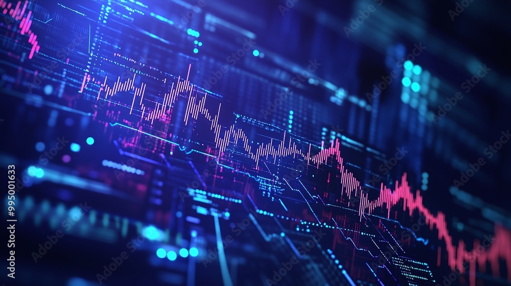 Poster abstract digital data visualization with vibrant colors and dynamic graph lines on a dark background