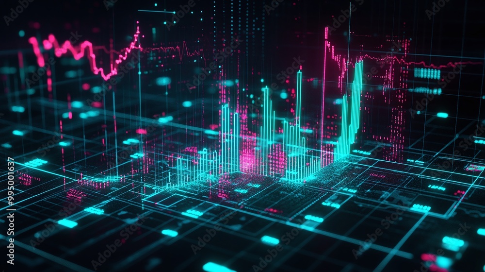 Poster abstract digital data visualization with vibrant colors and dynamic graphs illustrating technology a