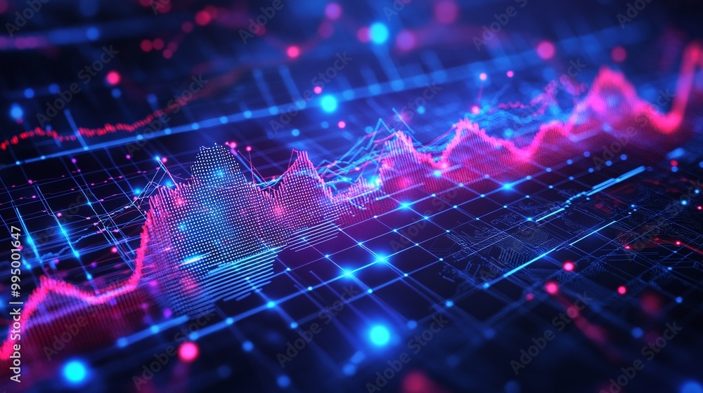 Poster abstract digital data visualization with vibrant colors and dynamic lines, representing growth and f