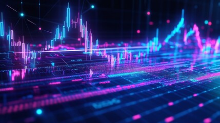 Fototapeta premium Abstract digital data visualization with vibrant colors and dynamic lines representing market analysis.