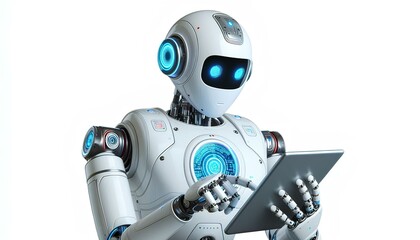 Cute blue robot android with hands, 3D render, futuristic cartoon character for technology business
