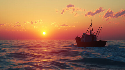 Fototapeta premium A small fishing boat sailing on the Black Sea under a colorful sunset sky, gentle waves, focus on the silhouette of the boat against the warm colors of the setting sun, calm and peaceful mood
