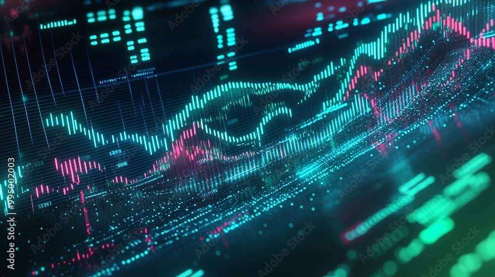 Poster abstract digital data visualization with vibrant colors and glowing graphs representing modern techn