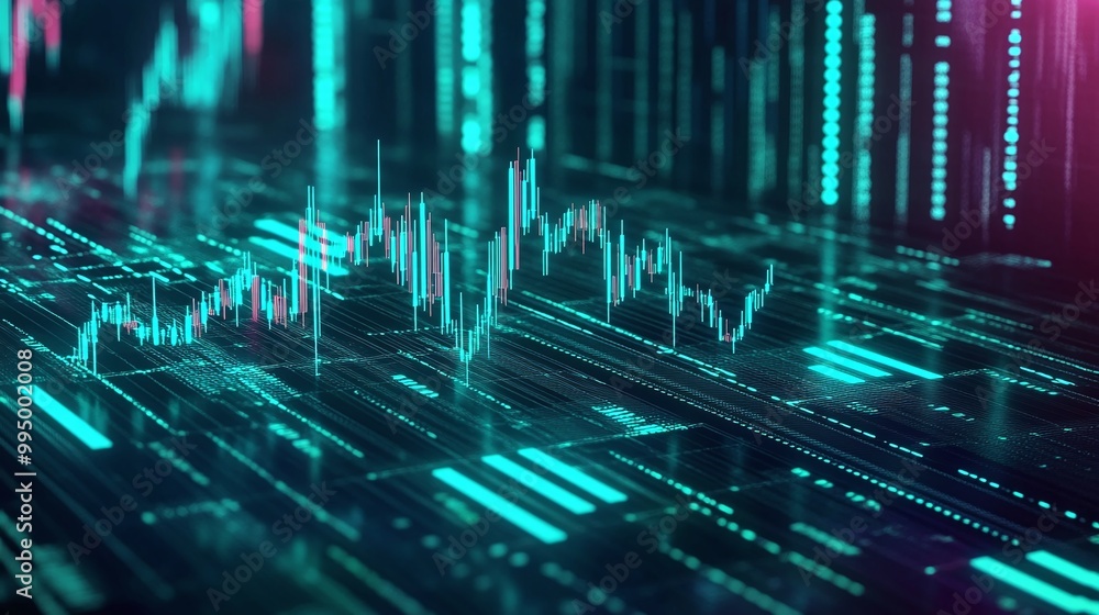 Poster abstract digital data visualization with vibrant colors and graphical patterns representing data ana