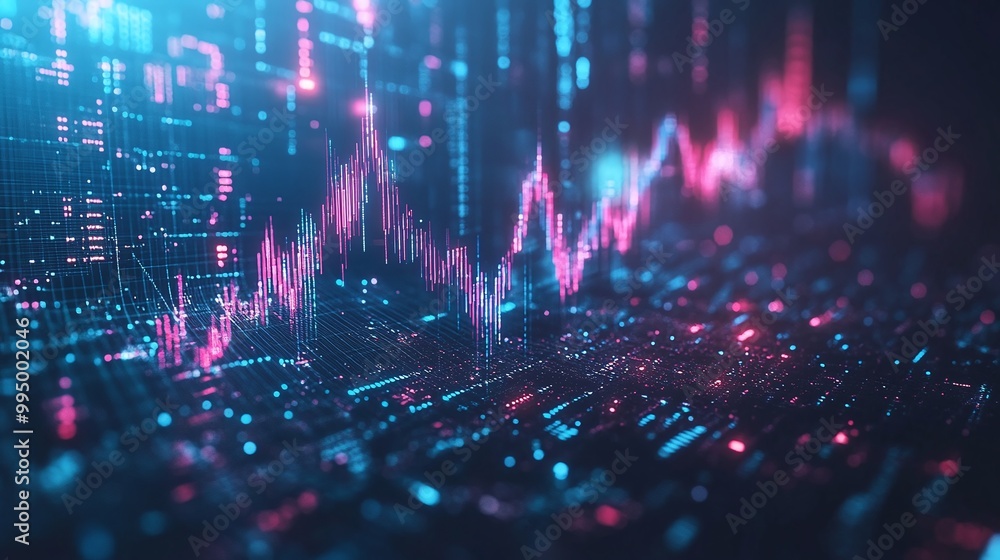 Poster abstract digital data visualization with vibrant colors and intricate lines representing financial g