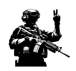 Fototapeta premium Isolated black and white vector illustration of male special forces unit on white background.
