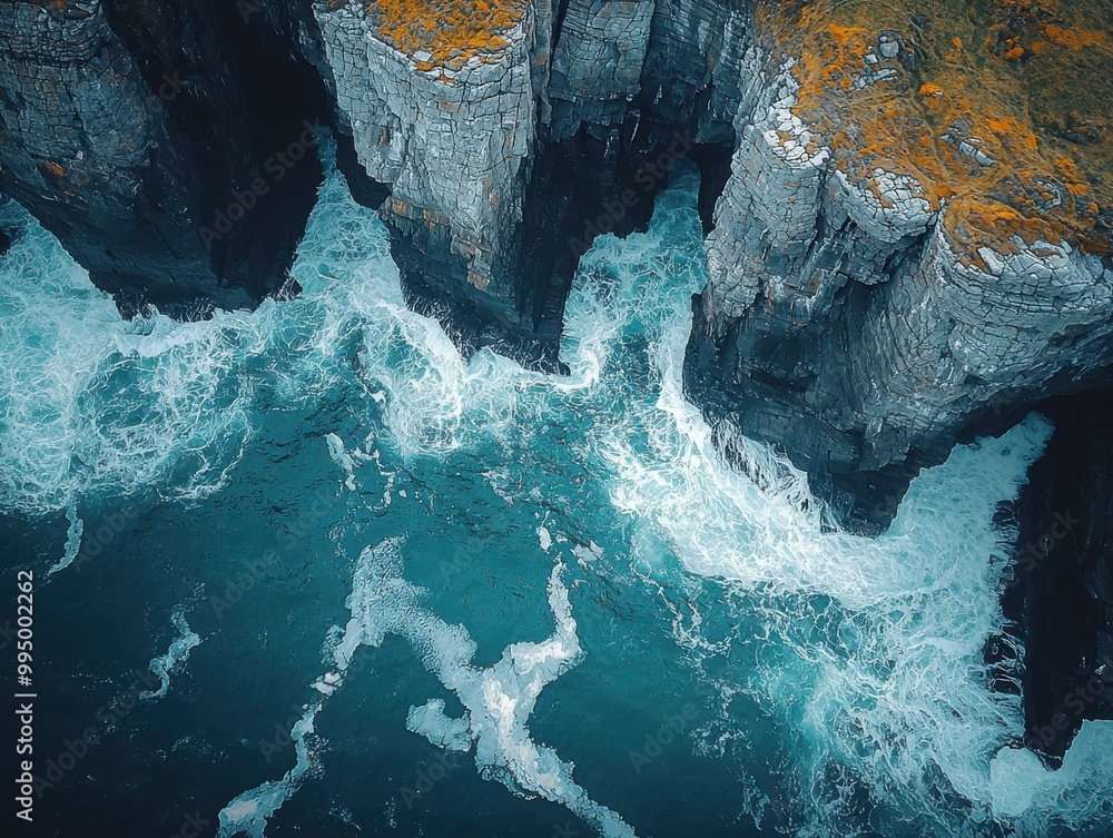 Wall mural aerial view of the ocean waves crashing against the cliffs.