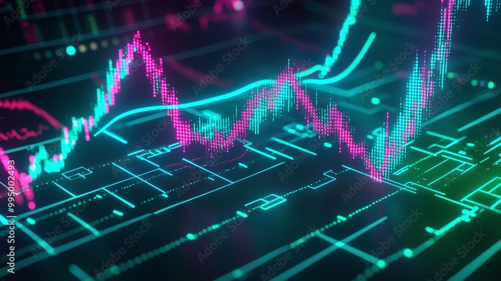 Poster abstract digital data visualization with vibrant glowing graphs and charts on a dark background.