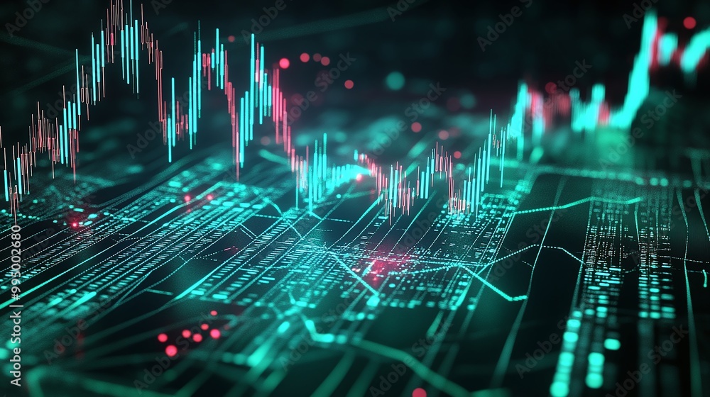 Poster abstract digital data visualization with vibrant graphs and circuit patterns on a dark background, s