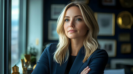 Obraz premium Woman in Blue Blazer Looks Out Window with Confidence and Determination