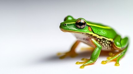 Obraz premium A cute small green frog with yellow toes sits on a white background, representing nature, wildlife, amphibians, cuteness, and spring.